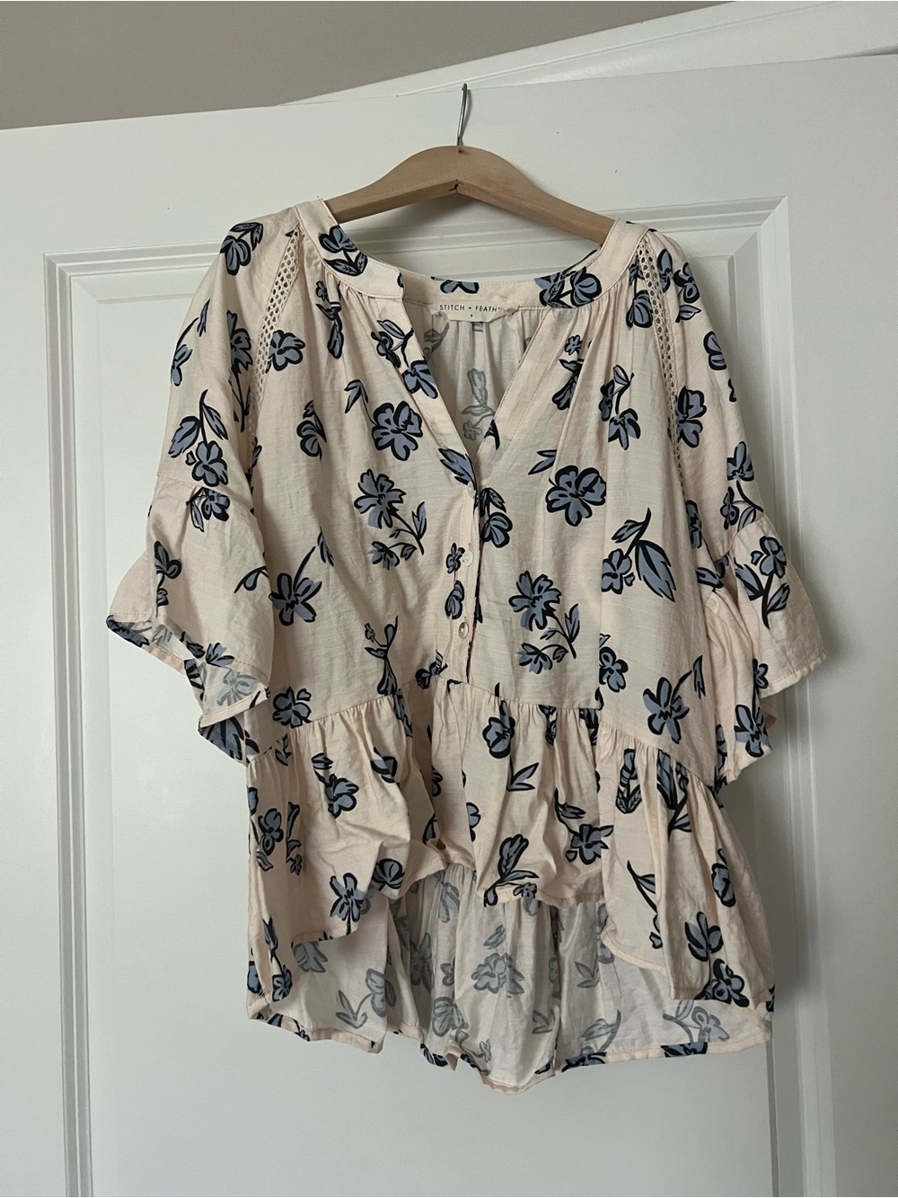 Peasant Floral Button-Front Blouse - Cream with Blue Floral